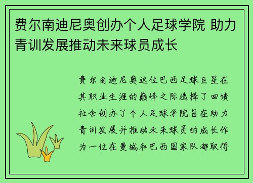 费尔南迪尼奥创办个人足球学院 助力青训发展推动未来球员成长
