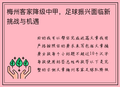 梅州客家降级中甲，足球振兴面临新挑战与机遇